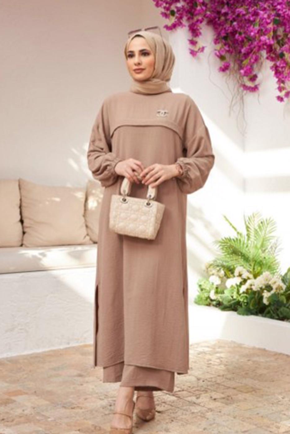 Vêtements hijab BEIGE COSTUME PANTALON AVEC POIGNETS ÉLASTIQUE 0704