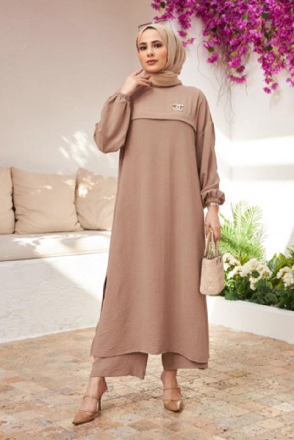 Vêtements hijab BEIGE COSTUME PANTALON AVEC POIGNETS ÉLASTIQUE 0704