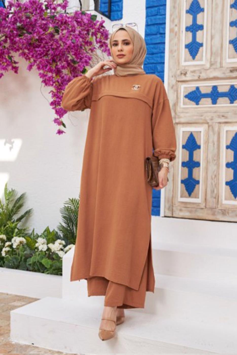Hijab clothing BROWN PANTS SUIT WITH ELASTIC CUFFS 0704 