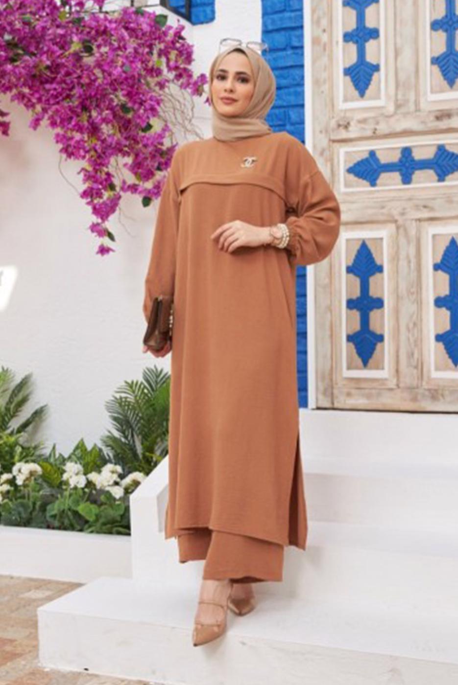 Hijab clothing BROWN PANTS SUIT WITH ELASTIC CUFFS 0704 