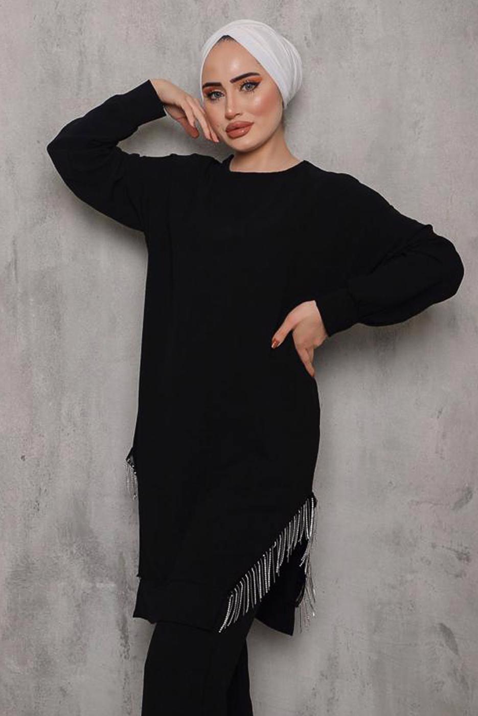 Tesettür giyim SİYAH YANI PÜSKÜLLÜ PANT. TAKIM 0942  