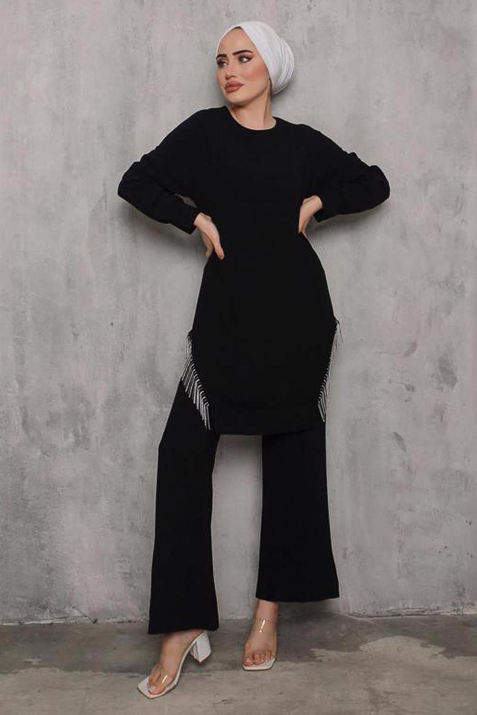 Tesettür giyim SİYAH YANI PÜSKÜLLÜ PANT. TAKIM 0942  
