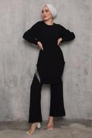 Tesettür giyim SİYAH YANI PÜSKÜLLÜ PANT. TAKIM 0942  