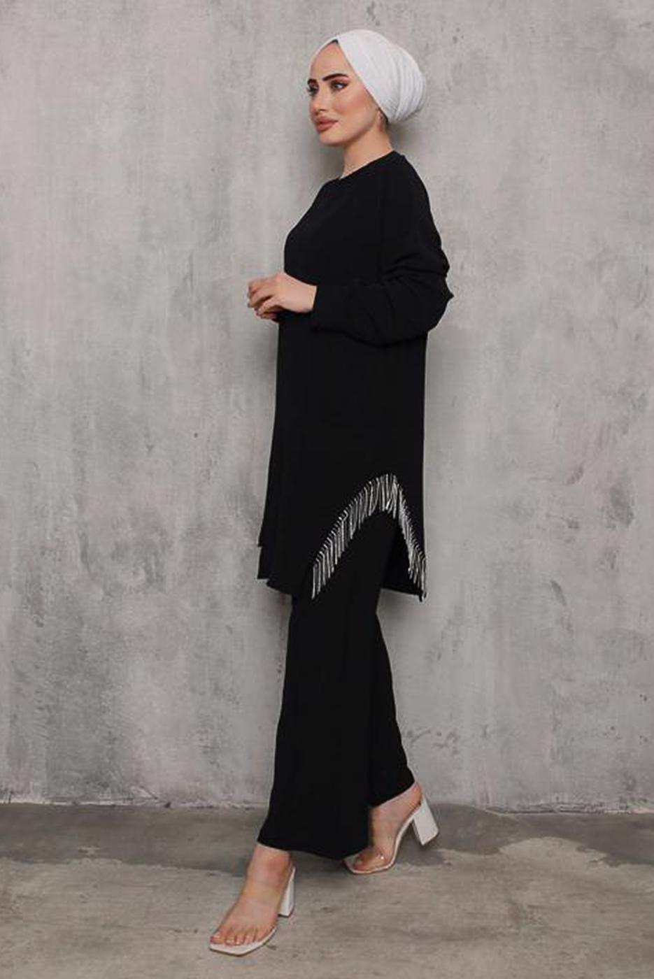 Tesettür giyim SİYAH YANI PÜSKÜLLÜ PANT. TAKIM 0942  