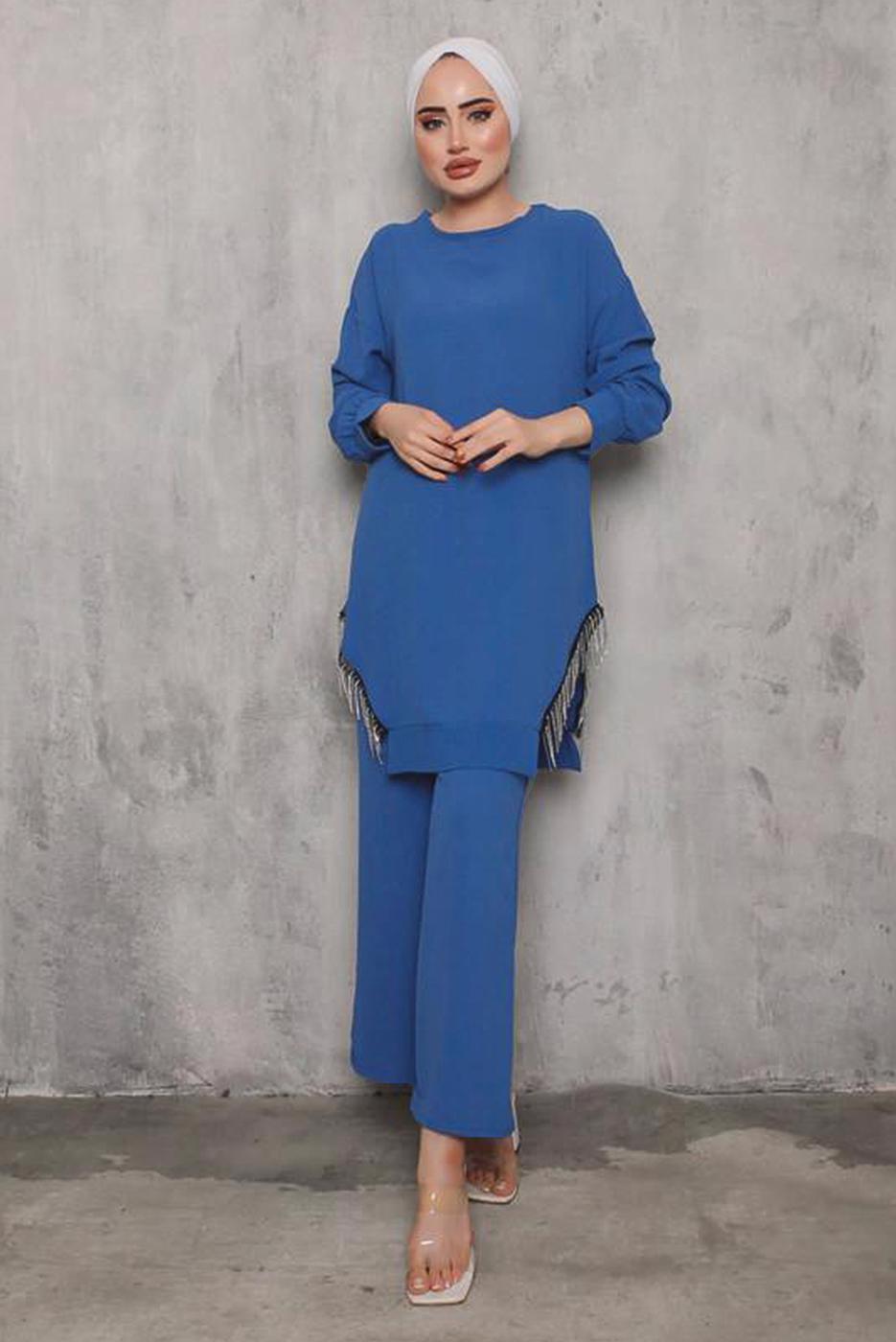 Tesettür giyim LACİVERT YANI PÜSKÜLLÜ PANT. TAKIM 0942  