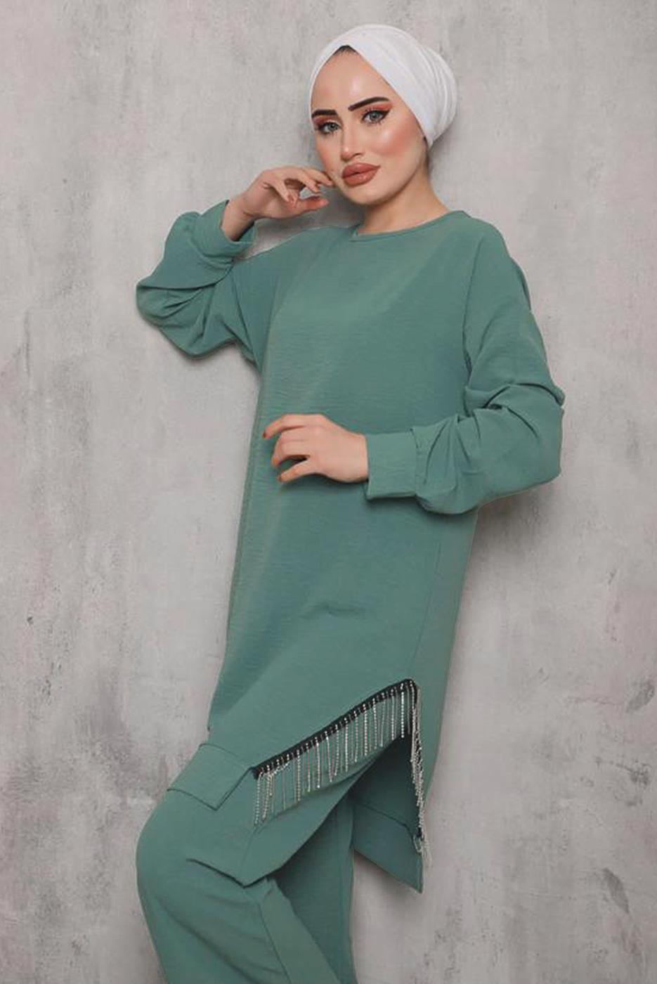 Tesettür giyim YEŞİL YANI PÜSKÜLLÜ PANT. TAKIM 0942  