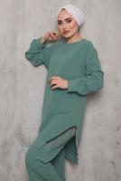 Tesettür giyim YEŞİL YANI PÜSKÜLLÜ PANT. TAKIM 0942  
