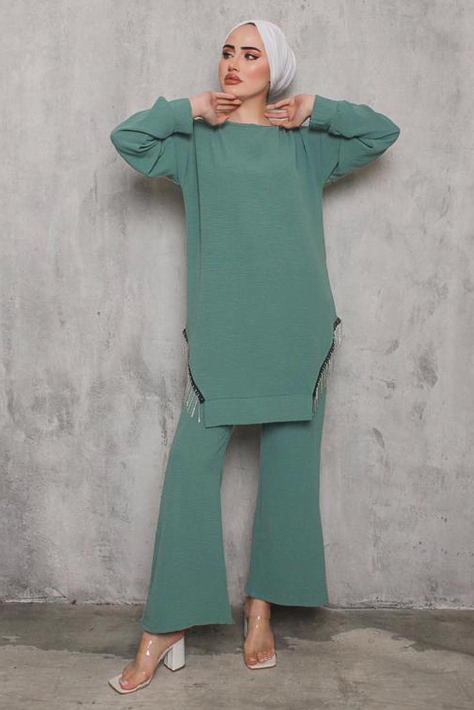 Tesettür giyim YEŞİL YANI PÜSKÜLLÜ PANT. TAKIM 0942  