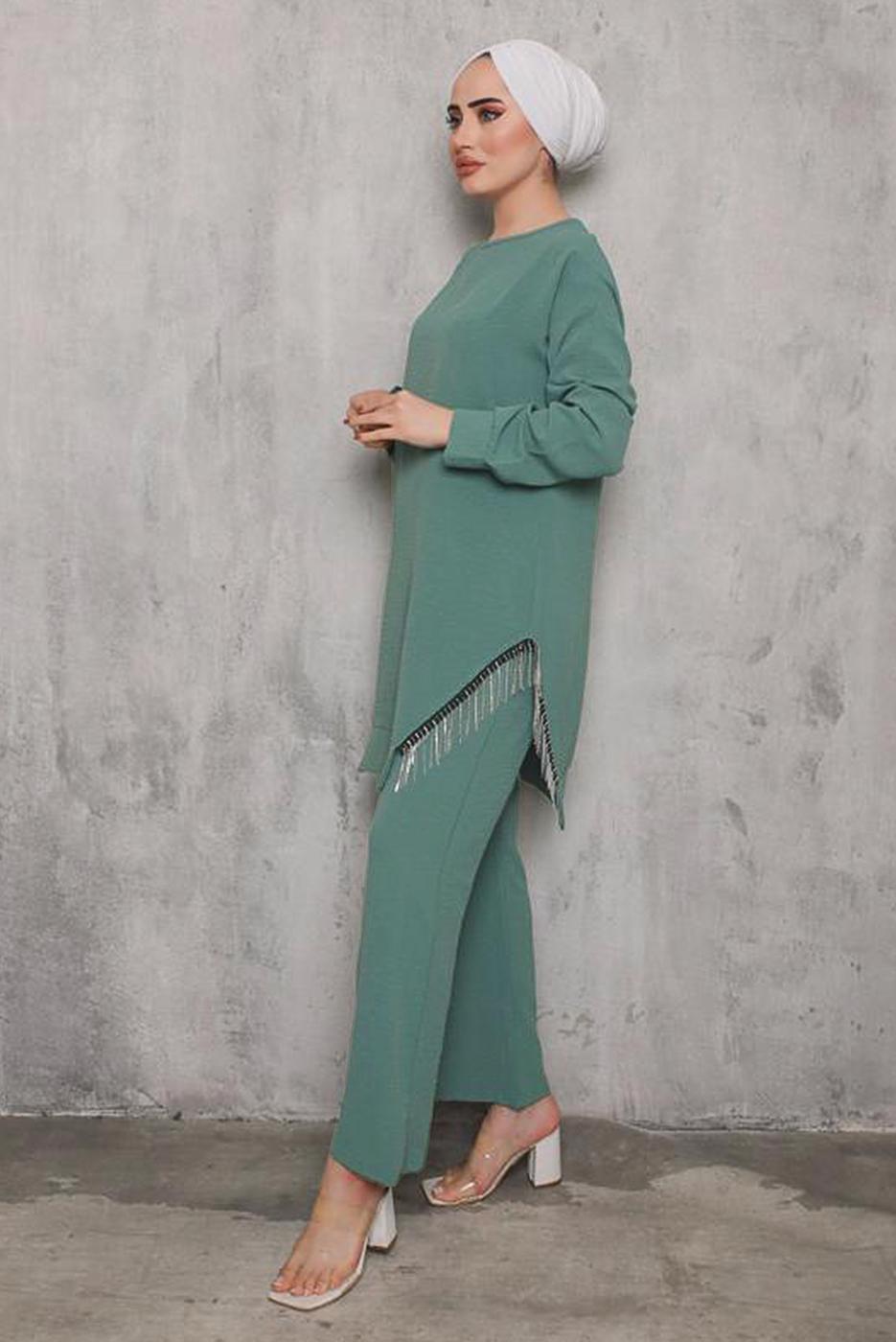 Tesettür giyim YEŞİL YANI PÜSKÜLLÜ PANT. TAKIM 0942  