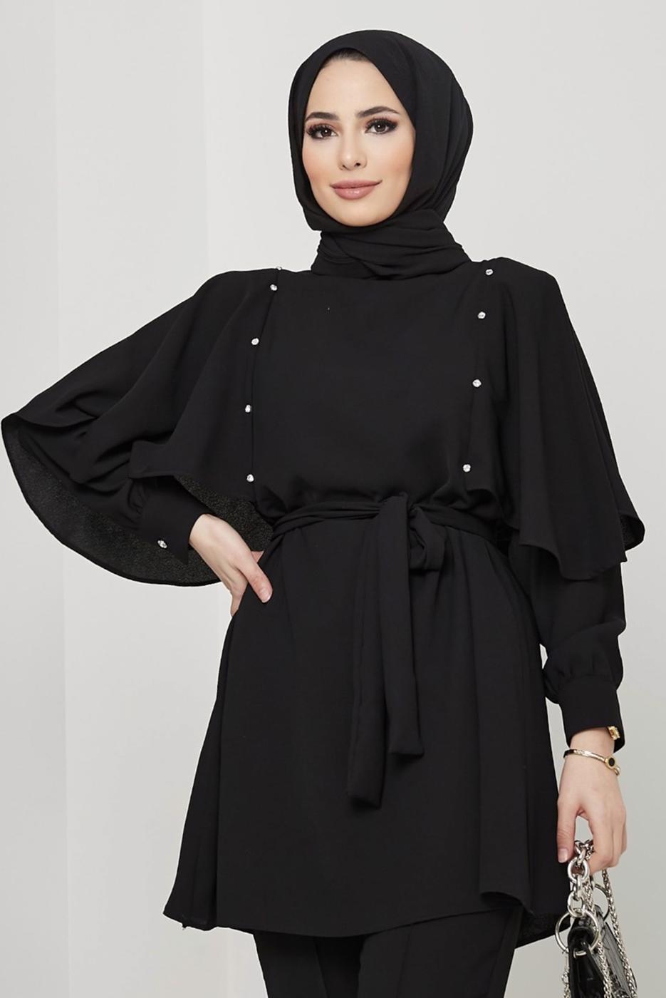 Tesettür giyim SİYAH TAŞ DETAYLI BELİ KUŞAKLI PANT. TAKIM 10002	