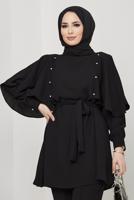 Tesettür giyim SİYAH TAŞ DETAYLI BELİ KUŞAKLI PANT. TAKIM 10002	