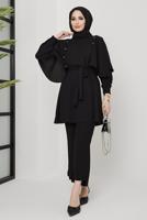 Tesettür giyim SİYAH TAŞ DETAYLI BELİ KUŞAKLI PANT. TAKIM 10002	
