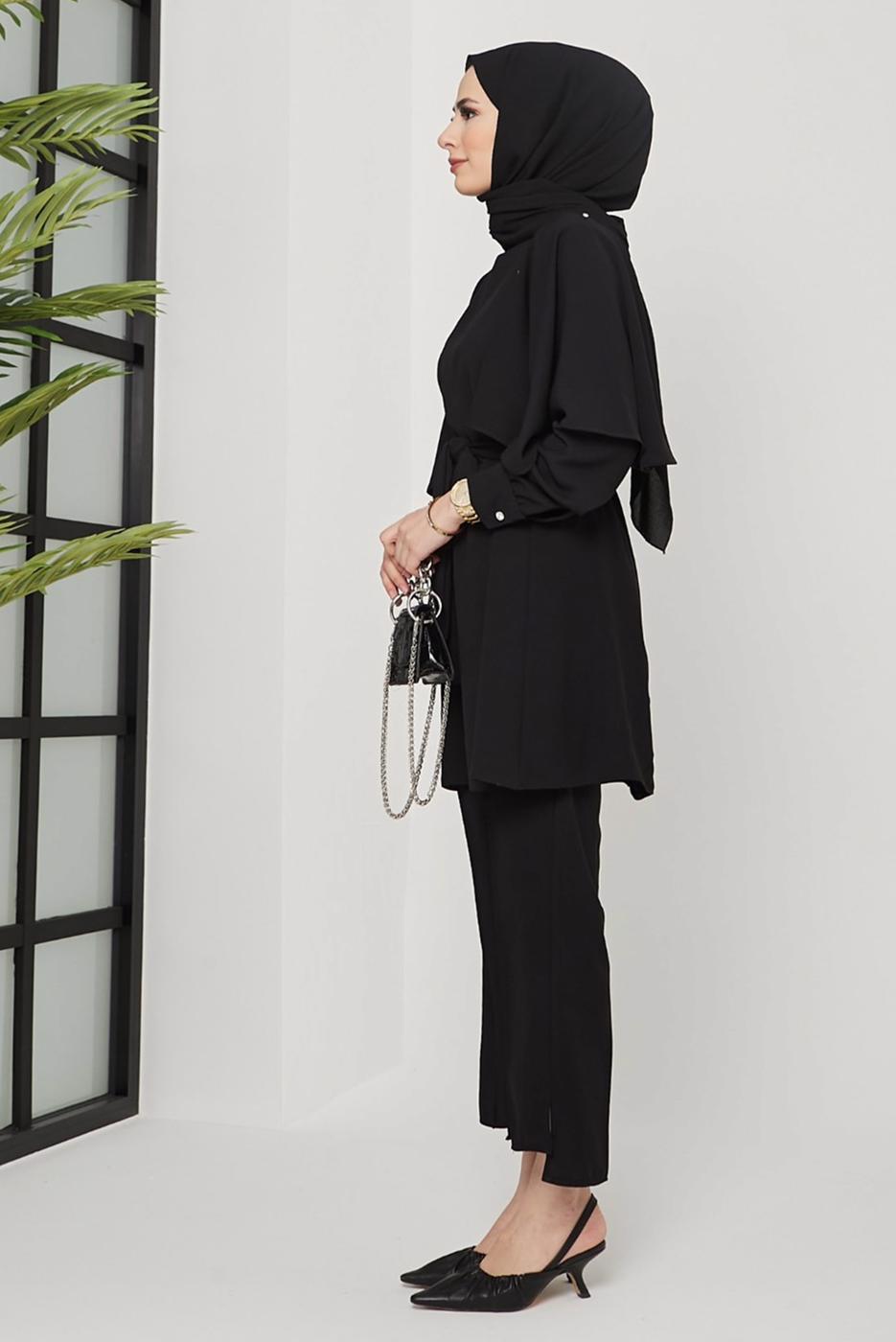 Tesettür giyim SİYAH TAŞ DETAYLI BELİ KUŞAKLI PANT. TAKIM 10002	