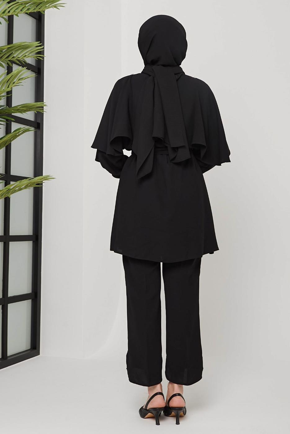 Tesettür giyim SİYAH TAŞ DETAYLI BELİ KUŞAKLI PANT. TAKIM 10002	