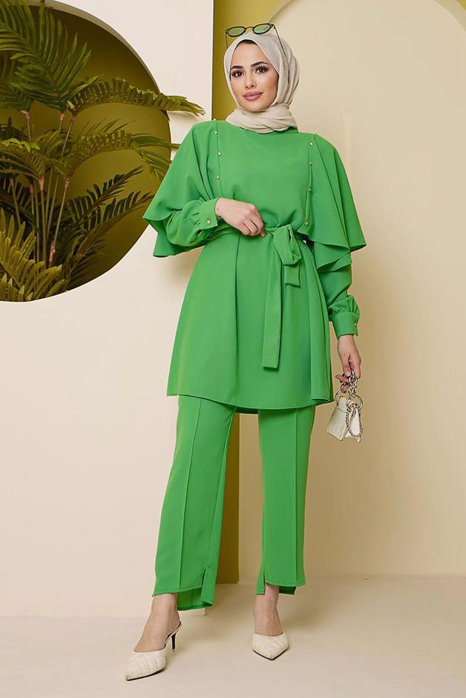 Tesettür giyim YEŞİL TAŞ DETAYLI BELİ KUŞAKLI PANT. TAKIM 10002	