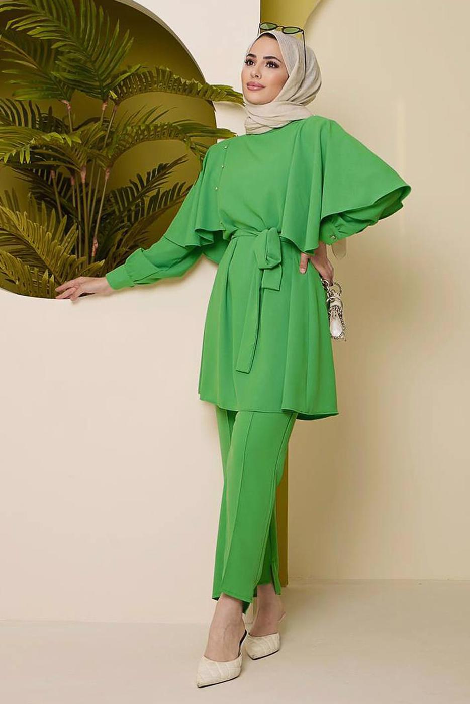 Tesettür giyim YEŞİL TAŞ DETAYLI BELİ KUŞAKLI PANT. TAKIM 10002	