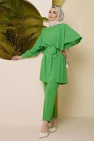 Tesettür giyim YEŞİL TAŞ DETAYLI BELİ KUŞAKLI PANT. TAKIM 10002	