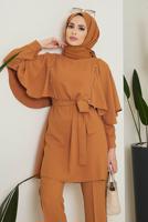 Tesettür giyim TURUNCU TAŞ DETAYLI BELİ KUŞAKLI PANT. TAKIM 10002	