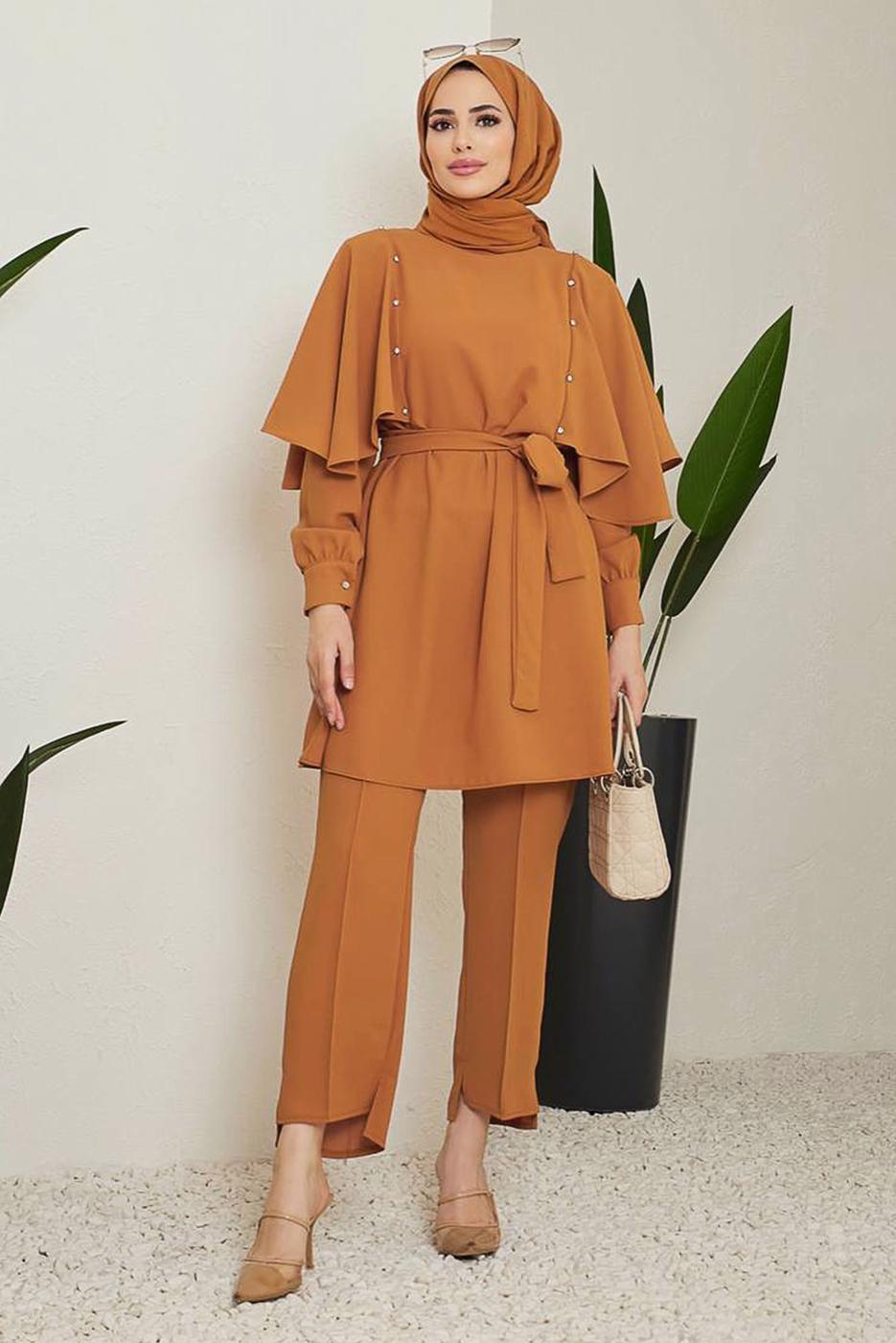 Tesettür giyim TURUNCU TAŞ DETAYLI BELİ KUŞAKLI PANT. TAKIM 10002	