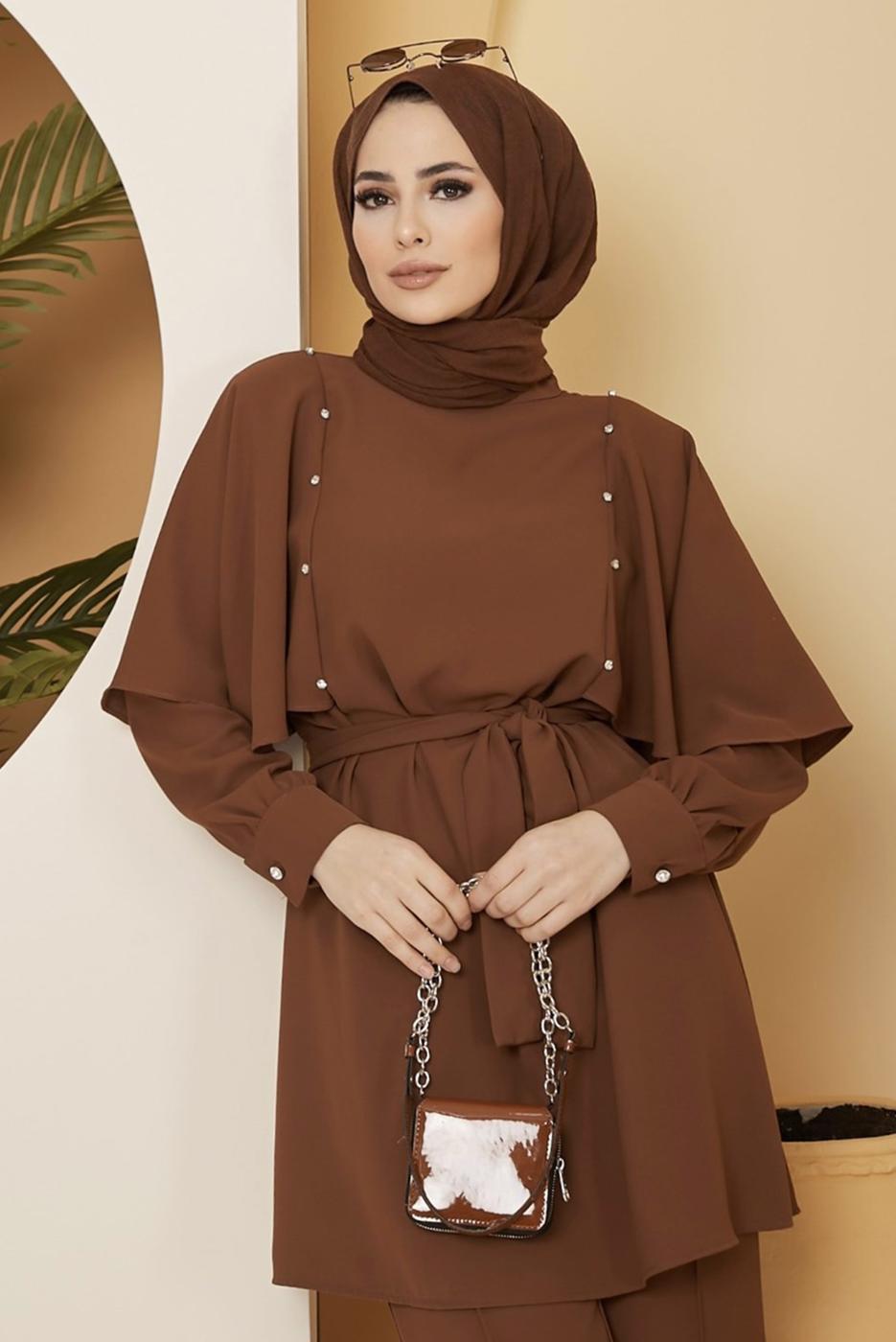 Tesettür giyim KAHVE TAŞ DETAYLI BELİ KUŞAKLI PANT. TAKIM 10002	