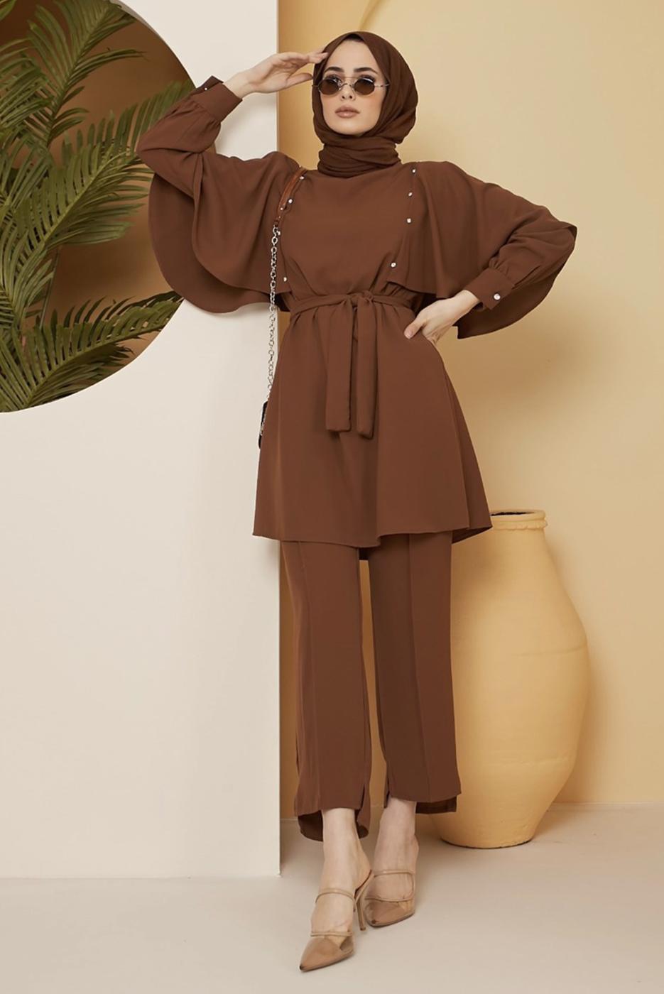 Tesettür giyim KAHVE TAŞ DETAYLI BELİ KUŞAKLI PANT. TAKIM 10002	