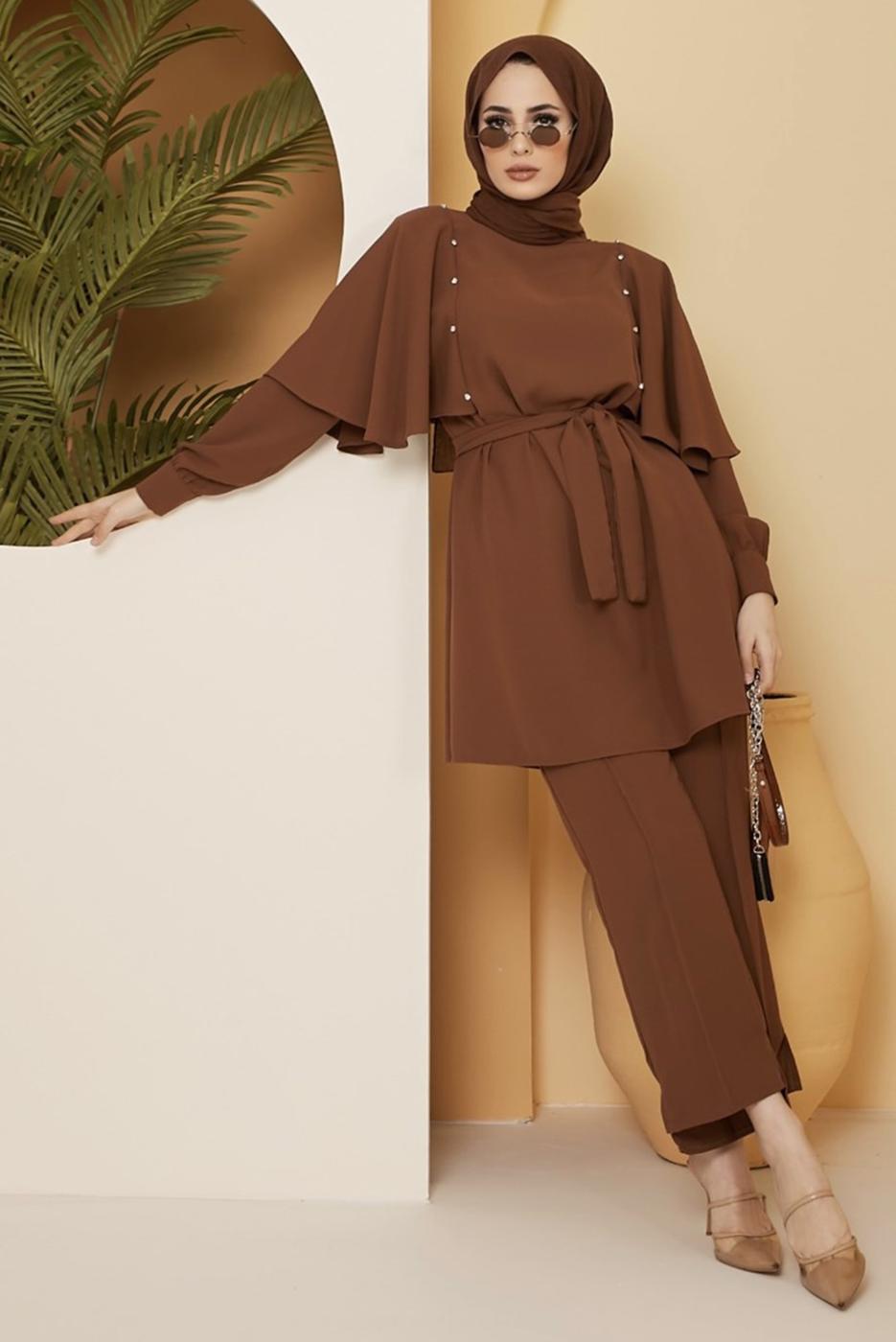 Tesettür giyim KAHVE TAŞ DETAYLI BELİ KUŞAKLI PANT. TAKIM 10002	