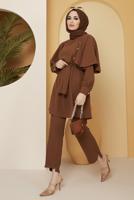 Tesettür giyim KAHVE TAŞ DETAYLI BELİ KUŞAKLI PANT. TAKIM 10002	