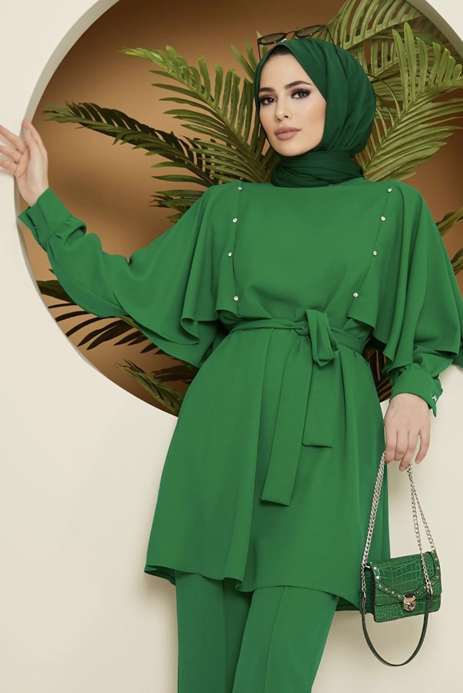 Tesettür giyim YEŞİL TAŞ DETAYLI BELİ KUŞAKLI PANT. TAKIM 10002	