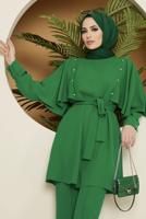 Tesettür giyim YEŞİL TAŞ DETAYLI BELİ KUŞAKLI PANT. TAKIM 10002	