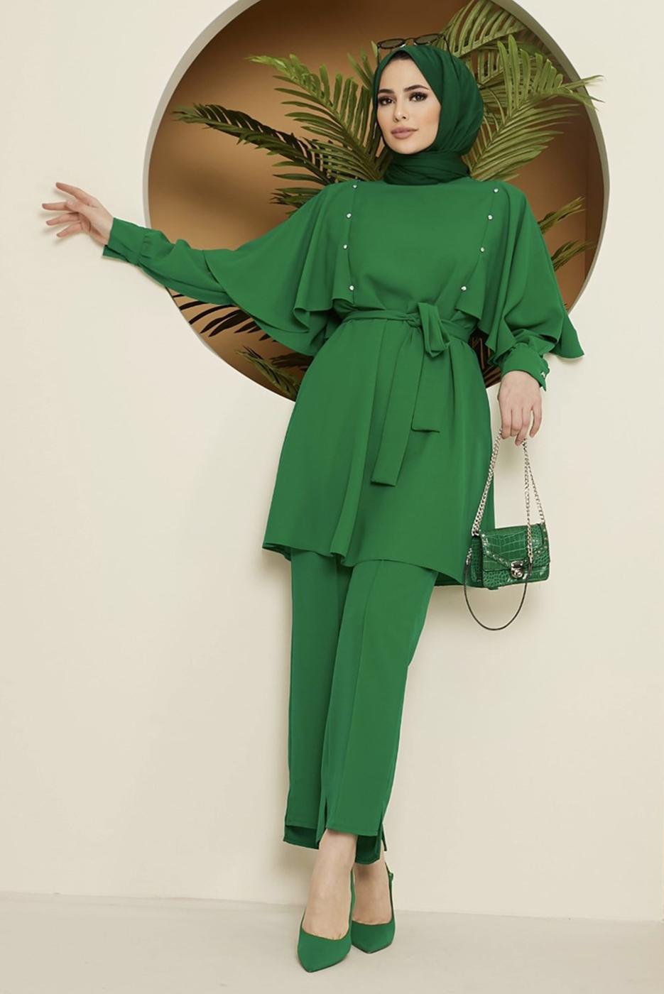 Tesettür giyim YEŞİL TAŞ DETAYLI BELİ KUŞAKLI PANT. TAKIM 10002	