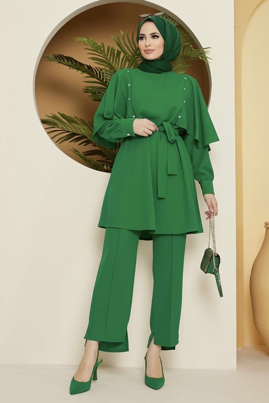 Tesettür giyim YEŞİL TAŞ DETAYLI BELİ KUŞAKLI PANT. TAKIM 10002	