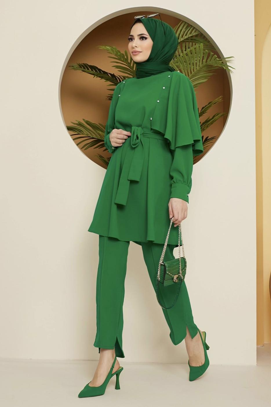 Tesettür giyim YEŞİL TAŞ DETAYLI BELİ KUŞAKLI PANT. TAKIM 10002	