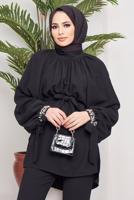Tesettür giyim SİYAH MANŞETLERİ TAŞ İŞLEMELİ BELİ KUŞAKLI PANT. TAKIM 11051	