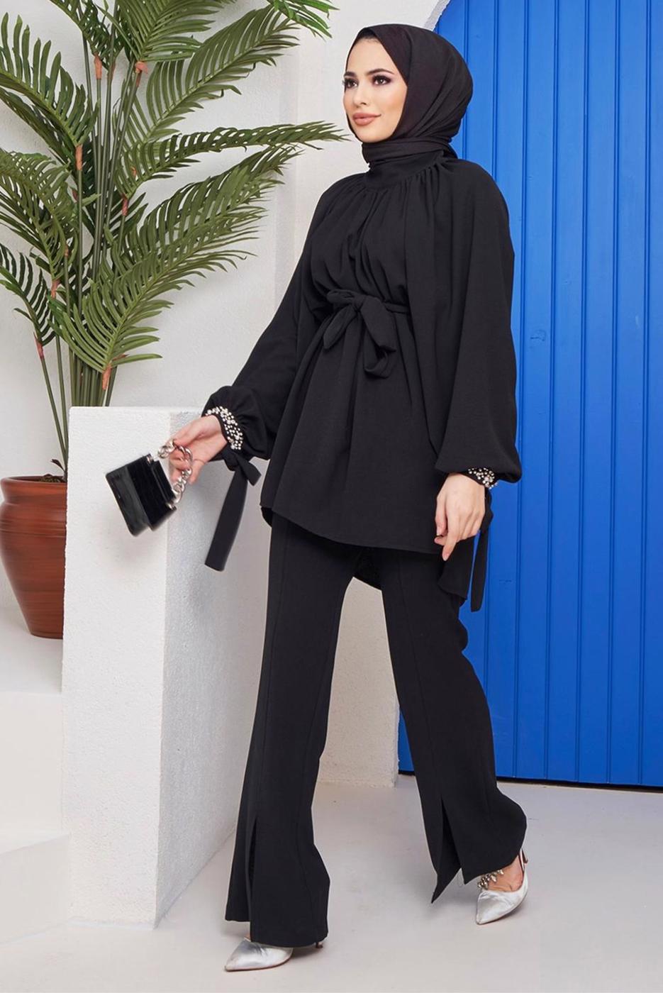 Tesettür giyim SİYAH MANŞETLERİ TAŞ İŞLEMELİ BELİ KUŞAKLI PANT. TAKIM 11051	