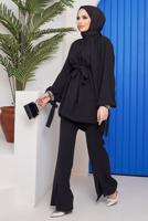 Tesettür giyim SİYAH MANŞETLERİ TAŞ İŞLEMELİ BELİ KUŞAKLI PANT. TAKIM 11051	