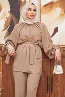Tesettür giyim KAHVE MANŞETLERİ TAŞ İŞLEMELİ BELİ KUŞAKLI PANT. TAKIM 11051	