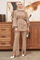 Tesettür giyim KAHVE MANŞETLERİ TAŞ İŞLEMELİ BELİ KUŞAKLI PANT. TAKIM 11051	