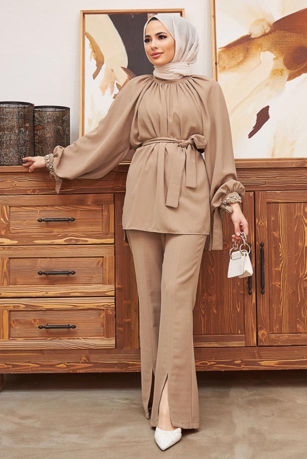Tesettür giyim  MANŞETLERİ TAŞ İŞLEMELİ BELİ KUŞAKLI PANT. TAKIM 11051	 - TRENDTESETTÜR