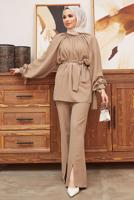 Tesettür giyim KAHVE MANŞETLERİ TAŞ İŞLEMELİ BELİ KUŞAKLI PANT. TAKIM 11051	