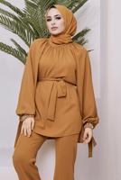 Tesettür giyim TABA MANŞETLERİ TAŞ İŞLEMELİ BELİ KUŞAKLI PANT. TAKIM 11051