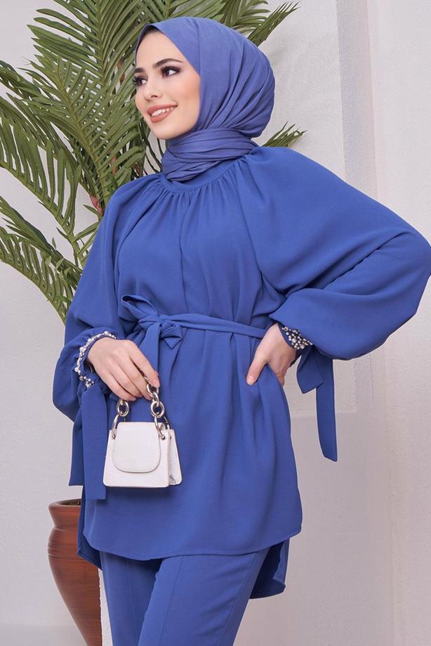 Tesettür giyim  MANŞETLERİ TAŞ İŞLEMELİ BELİ KUŞAKLI PANT. TAKIM 11051	 - TRENDTESETTÜR