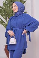 Tesettür giyim LACİVERT MANŞETLERİ TAŞ İŞLEMELİ BELİ KUŞAKLI PANT. TAKIM 11051	