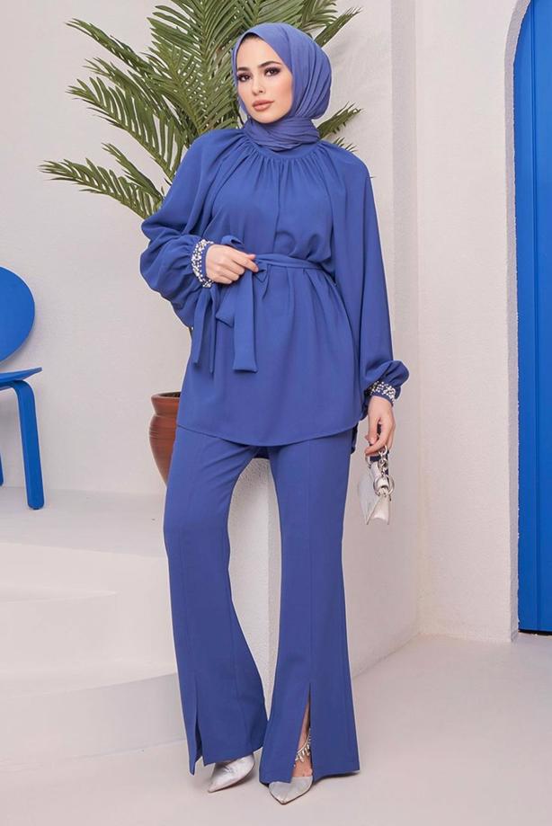 Tesettür giyim  MANŞETLERİ TAŞ İŞLEMELİ BELİ KUŞAKLI PANT. TAKIM 11051	 - TRENDTESETTÜR