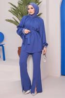 Tesettür giyim LACİVERT MANŞETLERİ TAŞ İŞLEMELİ BELİ KUŞAKLI PANT. TAKIM 11051	