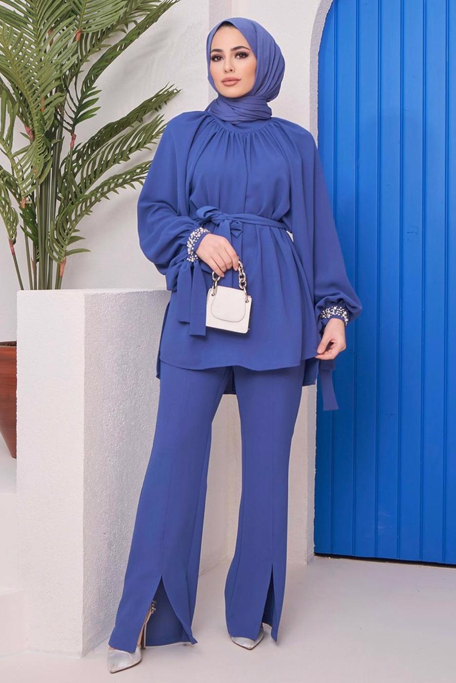 Tesettür giyim LACİVERT MANŞETLERİ TAŞ İŞLEMELİ BELİ KUŞAKLI PANT. TAKIM 11051	