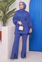 Tesettür giyim LACİVERT MANŞETLERİ TAŞ İŞLEMELİ BELİ KUŞAKLI PANT. TAKIM 11051	