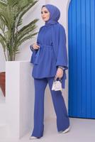 Tesettür giyim LACİVERT MANŞETLERİ TAŞ İŞLEMELİ BELİ KUŞAKLI PANT. TAKIM 11051	