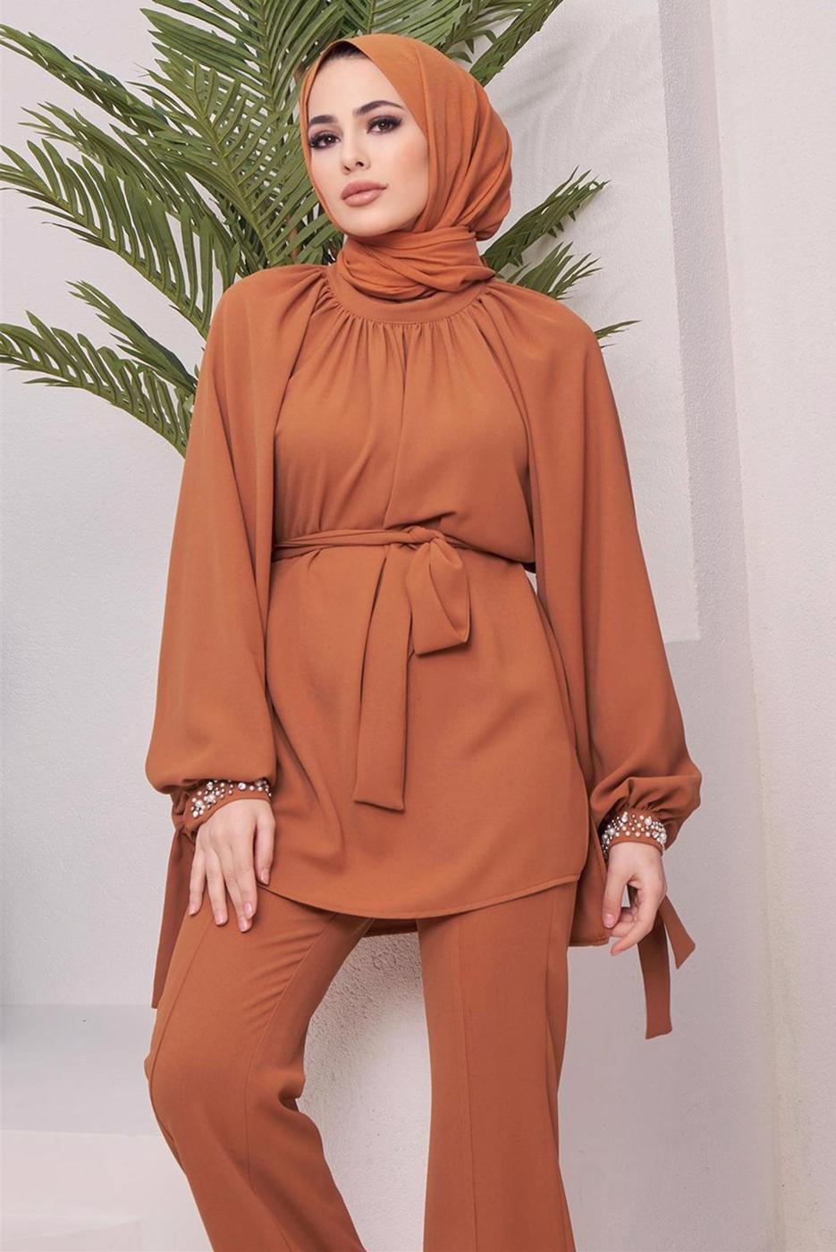 Hijab clothing BROWN BELTED PANTS SUIT WITH GEM DETAIL ELASTIC CUFFS 11051 