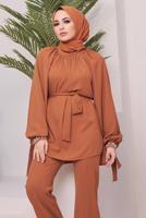 Hijab clothing BROWN BELTED PANTS SUIT WITH GEM DETAIL ELASTIC CUFFS 11051 