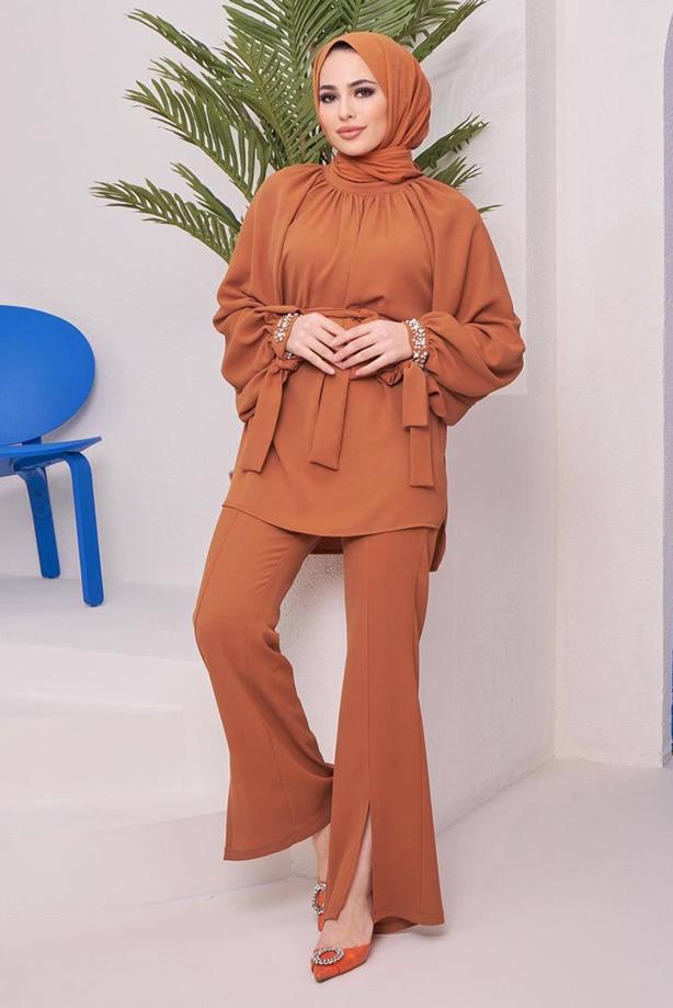 Vêtements hijab  BELTED PANTS SUIT WITH GEM DETAIL ELASTIC CUFFS 11051  - TRENDTESETTÜR